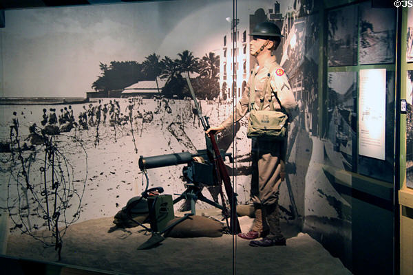 Display of soldier guarding Hawaiian beach at Waikiki during World War II at U.S. Army Museum. Waikiki, HI.