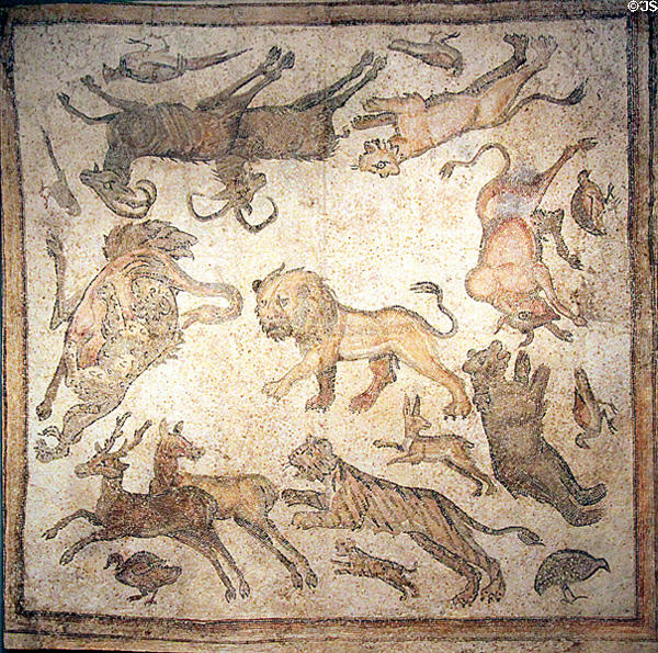 Roman mosaic of animals hunting (c450-520 A.D) at Honolulu Academy of Arts. Honolulu, HI.