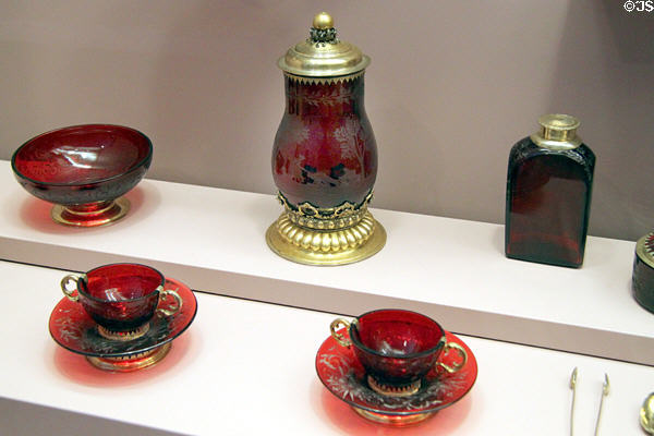 German ruby glass tea set (c1679) by Johann F. Kunckel at Honolulu Academy of Arts. Honolulu, HI.
