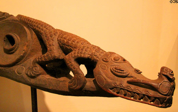 Carved wood slit gong drum (garamut) in shape of crocodile by latmul people from Sepik River region of Papua New Guinea at Honolulu Academy of Arts. Honolulu, HI.