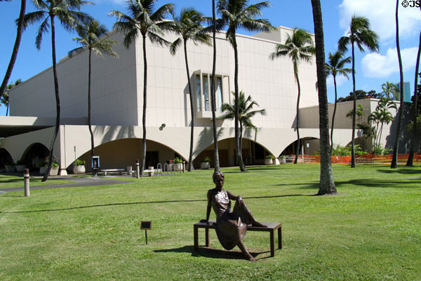 Resting Dancer sculpture (2000) by Tuck Langland before Blaisdell Center Concert Hall. Honolulu, HI.