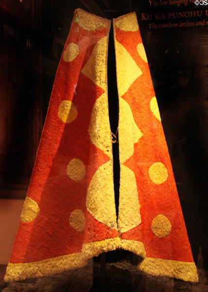 Feathered cape ('ahu'ula) collected during voyage of American ship Columbia Rediviva in 1789 at Bishop Museum. Honolulu, HI.