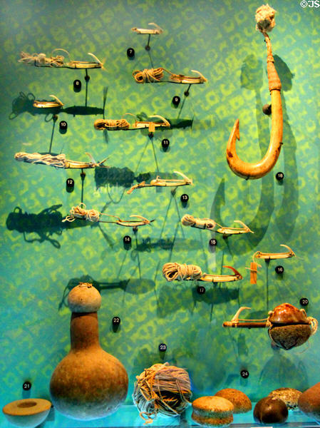 Collection of Hawaiian fishhooks & lures at Bishop Museum. Honolulu, HI.
