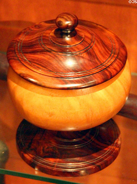 Wooden Hawaiian covered bowl at Bishop Museum. Honolulu, HI.