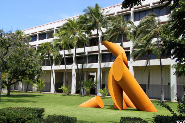 Holmes Hall (1972) with Gate of Hope sculpture (1972) by Alexander Liberman at University of Hawai'i. Honolulu, HI.