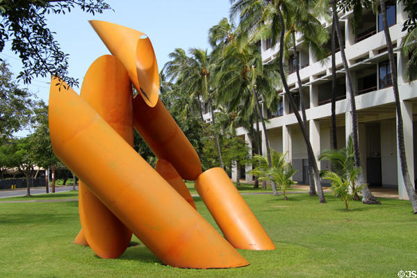 Gate of Hope sculpture (1972) by Alexander Liberman with Holmes Hall at University of Hawai'i. Honolulu, HI.