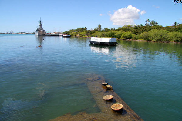 Looking along what was Pearl Harbor's battleship row to Battleship Missouri from USS Arizona Memorial. Honolulu, HI.