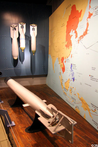 Replicas of Japanese bombs & shallow-water torpedoes used at Pearl Harbor in Arizona Memorial museum. Honolulu, HI.