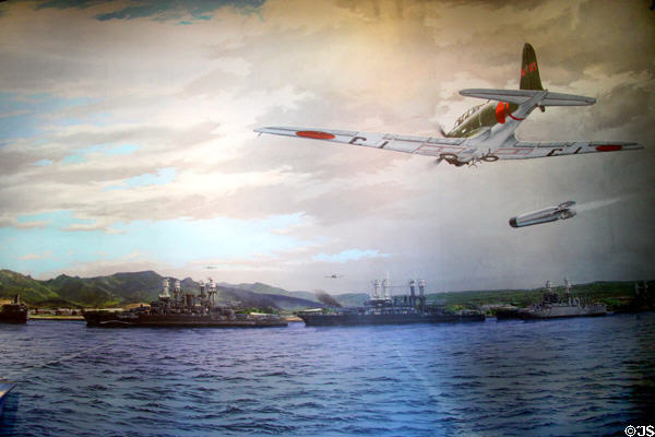 Mural of Japanese torpedo bomber approaching battleship row at Pearl Harbor in Arizona Memorial museum. Honolulu, HI.
