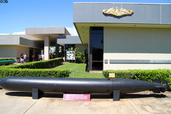 USS Bowfin Submarine Museum building over Mark 14 steam driven torpedo. Honolulu, HI.