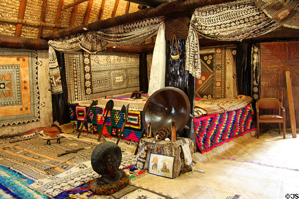 Interior of Chief's Dwelling in Fijian village at Polynesian Cultural Center. Laie, HI.