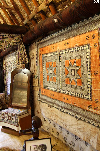Patterned tapa bark cloths in Chief's Dwelling in Fijian village at Polynesian Cultural Center. Laie, HI.