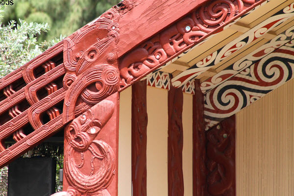 Carvings on Aotearoa-Maori meeting house from New Zealand at Polynesian Cultural Center. Laie, HI.