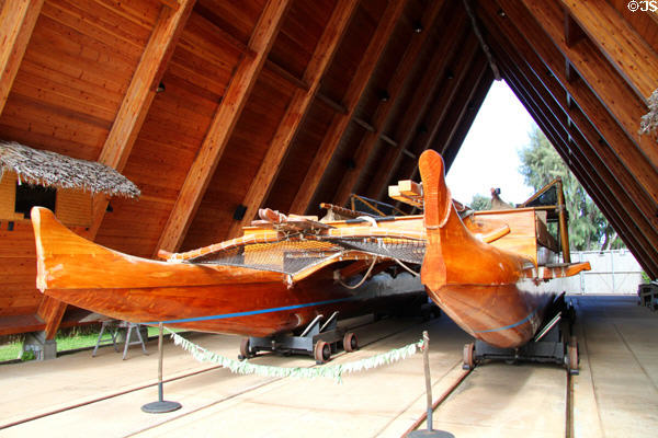 Iosepa sailing canoe (wa'a kaulua) at Polynesian Cultural Center. Laie, HI.