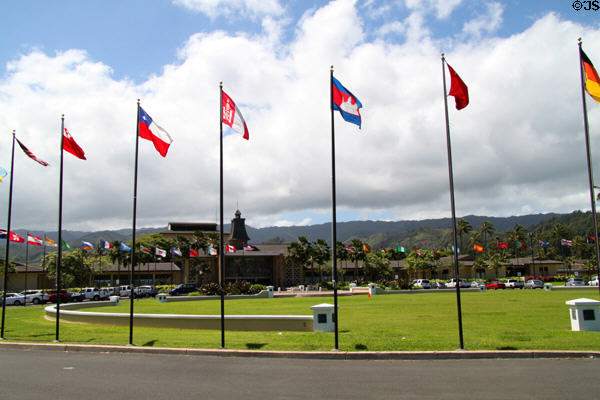Circle of Flags at entrance of Brigham Young University - Hawaii Campus. Laie, HI.
