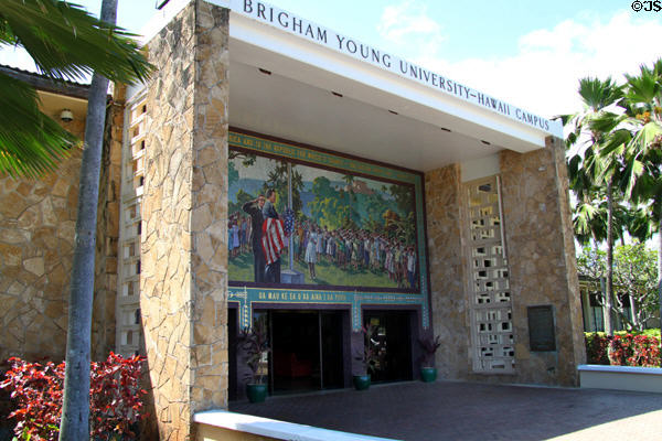 McKay Foyer (1957) of Brigham Young University - Hawaii Campus with mosaic mural by Edward T. Grigware. Laie, HI. Architect: Harold W. Burton & Douglas W. Burton.