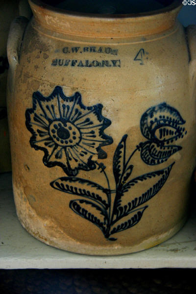 Stoneware crock from G.W. Brady of Buffalo, NY from where the Amana community migrated in Ruedy communal kitchen. Middle Amana, IA.