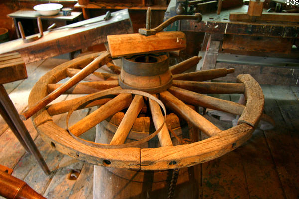 Wagon wheel assembly at cooper shop museum. Middle Amana, IA.