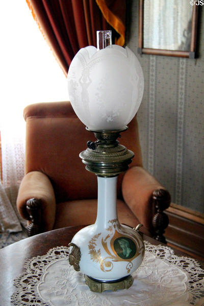 Oil lamp with Greek themes at Dodge House. Council Bluffs, IA.