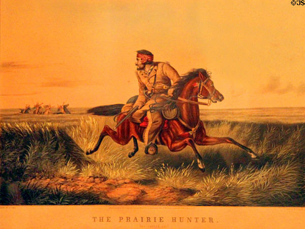 The Prairie Hunter - One rubbed out! print (1852) by N. Currier at Dodge House. Council Bluffs, IA.