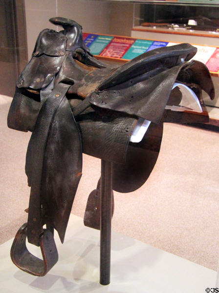 Saddle used by Frank Moore, said to be a Pony Express rider (donated 1927) at Union Pacific Railroad Museum. Council Bluffs, IA.