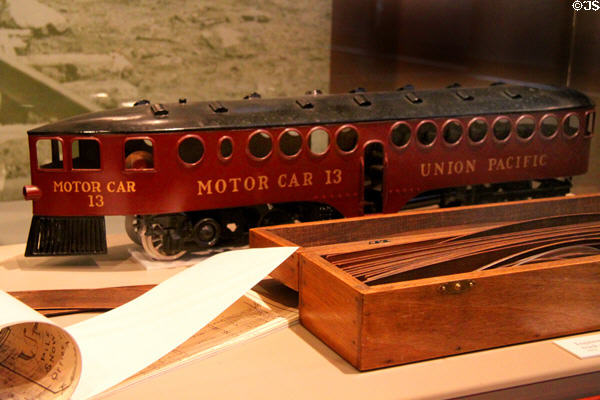 Model Union Pacific McKean motor car 13 (1908-17) at Union Pacific Railroad Museum. Council Bluffs, IA.