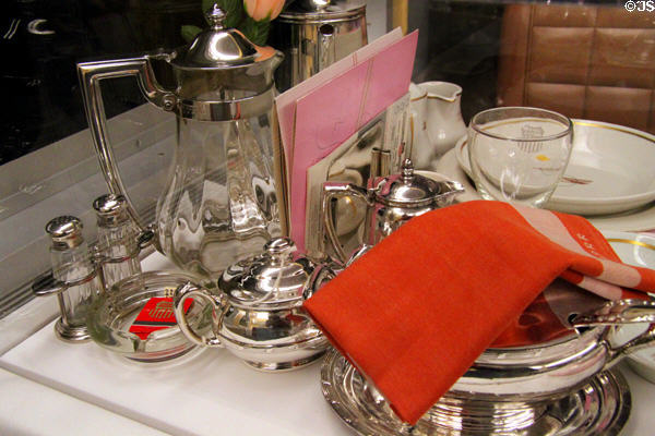 Dining car silver service pieces at Union Pacific Railroad Museum. Council Bluffs, IA.