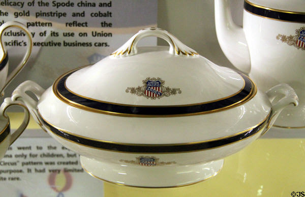 UP Arden pattern Spode China tureen used executive business cars at Union Pacific Railroad Museum. Council Bluffs, IA.