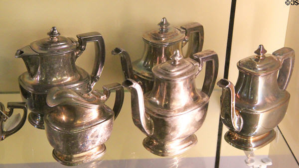 Union Pacific silver coffee & tea pots at Union Pacific Railroad Museum. Council Bluffs, IA.