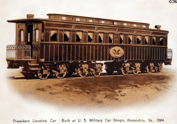 Graphic of Abraham Lincoln's funeral car built by U.S. Military Car Shops in Alexandria, VA in 1864 at Union Pacific Railroad Museum. Council Bluffs, IA.