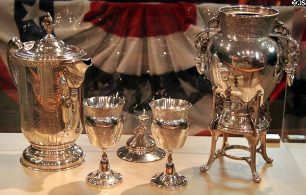 Silver coffee & tea service from Abraham Lincoln's rail car at Union Pacific Railroad Museum. Council Bluffs, IA.