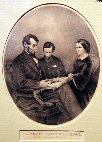 Graphic of Abraham Lincoln at Home with wife & son at Union Pacific Railroad Museum. Council Bluffs, IA.