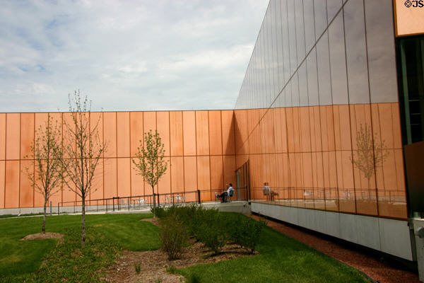Copper-colored windows of Des Moines Public Library. Des Moines, IA.