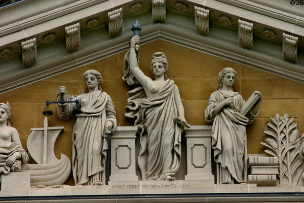 Details of stone sculptures in pediment (1879) of Iowa State Capitol. Des Moines, IA.