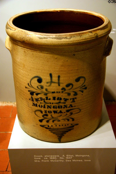 Crock Stoneware pot (c1880) for A. Elliot of Moingona, IA, at Historical Museum of Iowa. Des Moines, IA.