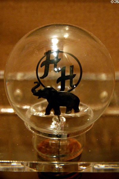 Light bulb with HH initials & elephant promoting Hoover's record of the electrification of America in his political efforts at Hoover Museum. West Branch, IA.