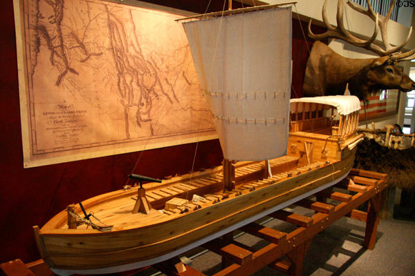 Scale replica of keelboat used by Lewis & Clark for first leg of journey up Missouri River at Museum of Idaho. Idaho Falls, ID.