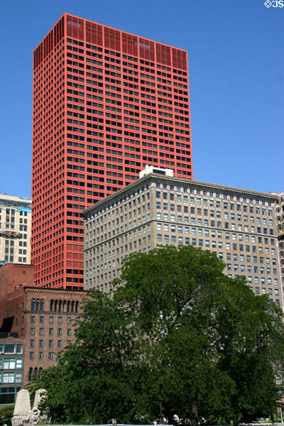 Red CNA Plaza above McCormick Building. Chicago, IL.