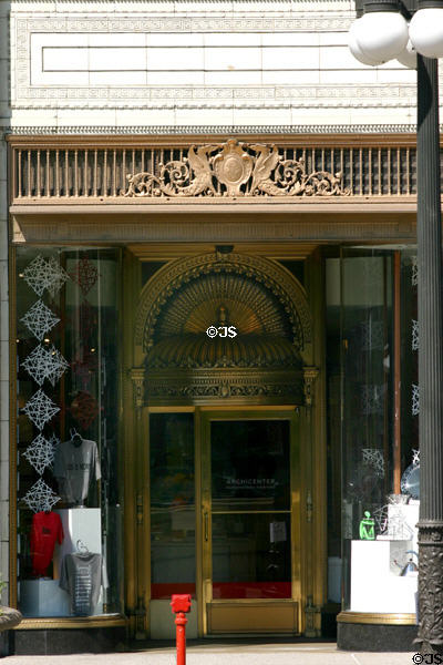 Bronze shop entrance doors of Santa Fe Building. Chicago, IL.