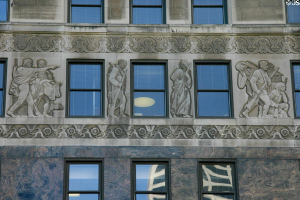 Reliefs of early history of Chicago by Fred M. Torrey on 333 North Michigan Av. including the attack on Fort Dearborn at right. Chicago, IL.