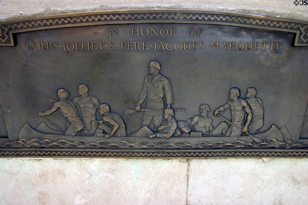 Plaque in honor of Louis Jolliet & Père Jacques Marquette who founded the first white settlement nearby. Chicago, IL.