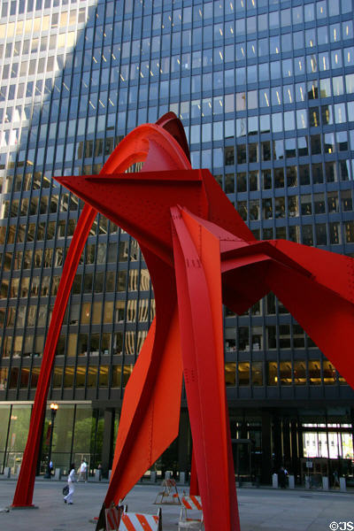 Flamingo (1974) sculpture by Alexander Calder (230 South Dearborn St.) in front of Federal Building. Chicago, IL. Architect: Mies van der Rohe.