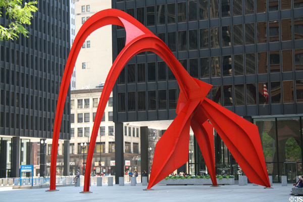 Flamingo (1974) sculpture by Alexander Calder (230 South Dearborn St.) in front of Federal Building. Chicago, IL. Architect: Mies van der Rohe.