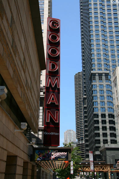 Goodman Theater sign with streetscape up Dearborn St. Chicago, IL.