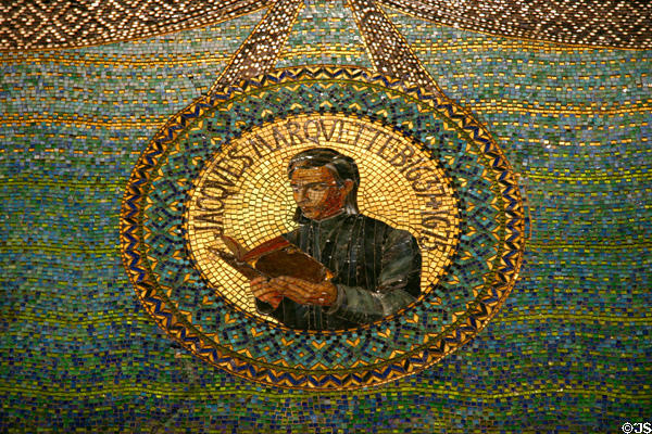 Mosaic portrait of Pere Jacques Marquette (1637-75) Jesuit Catholic priest & explorer of rivers of New France in Marquette Building. Chicago, IL.