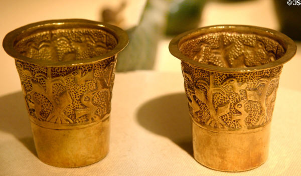 Inca gold beakers showing birds in cornfield (1100-1438) from Peru at Art Institute of Chicago. Chicago, IL.