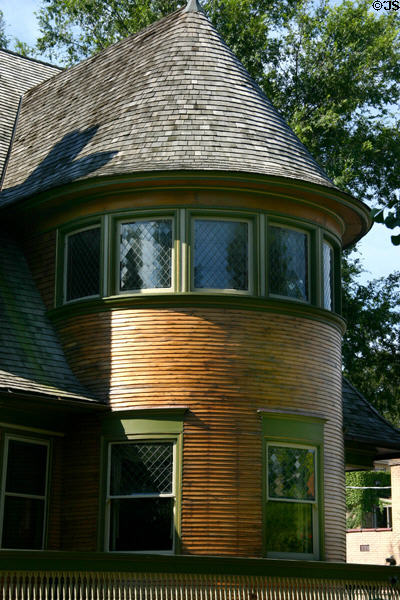 Rounded front tower of Walter M. Gale House. Oak Park, IL.