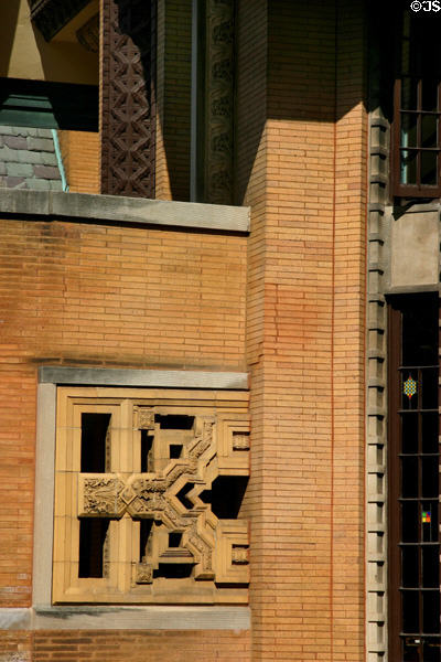 Wright used terra cotta inserts based on designs of Louis Sullivan for Nathan G. Moore House. Oak Park, IL.