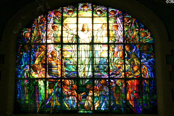 Christ with heavenly choir stained glass windows by Louis Comfort Tiffany & Edward Burne-Jones in Second Presbyterian Church. Chicago, IL.