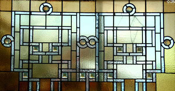 Stained glass window (1889) by Louis Sullivan from reception desk of Auditorium Building Hotel at Stained Glass Museum. Chicago, IL.